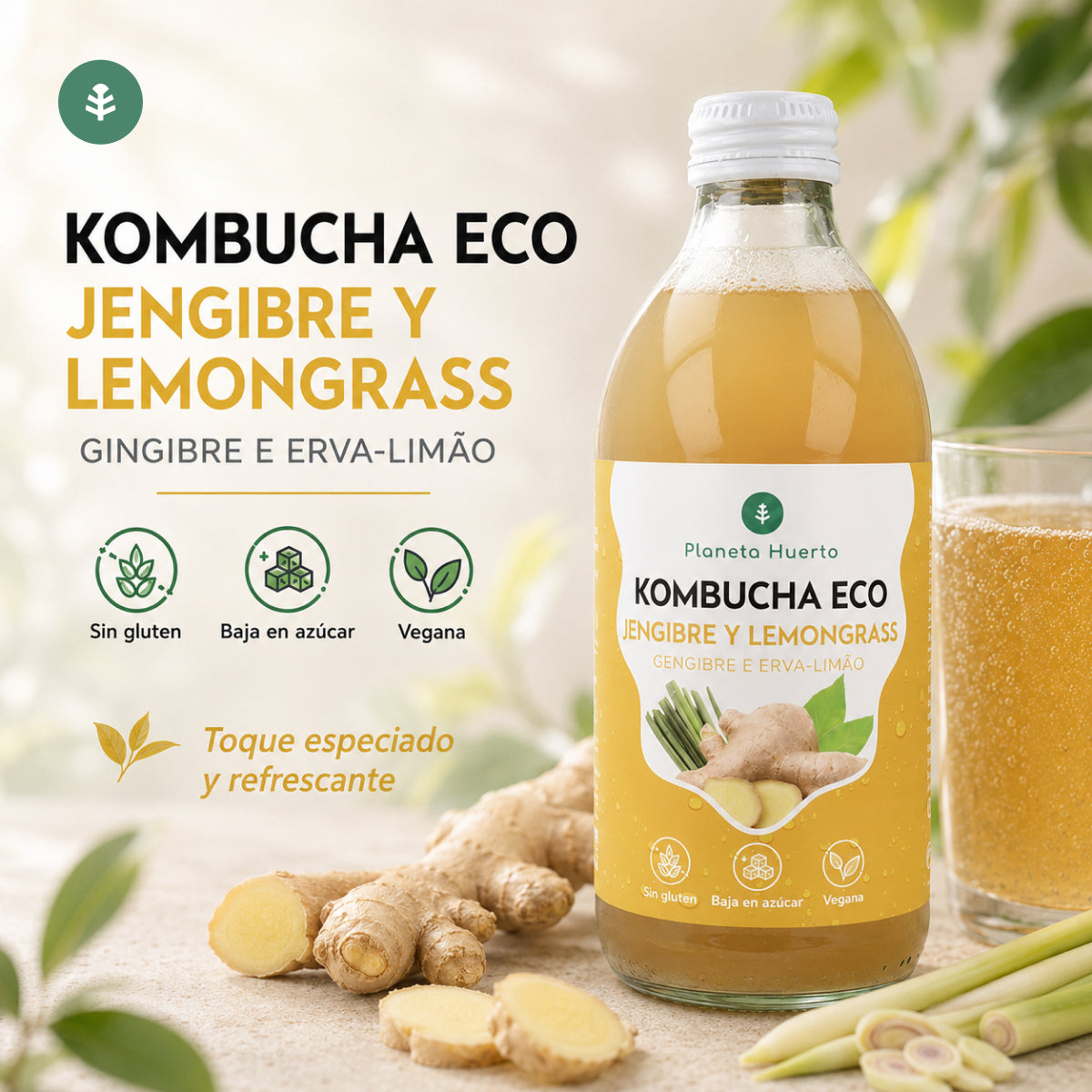 Kombucha ECO Zenzero e citronella Planeta Huerto 330 ml
