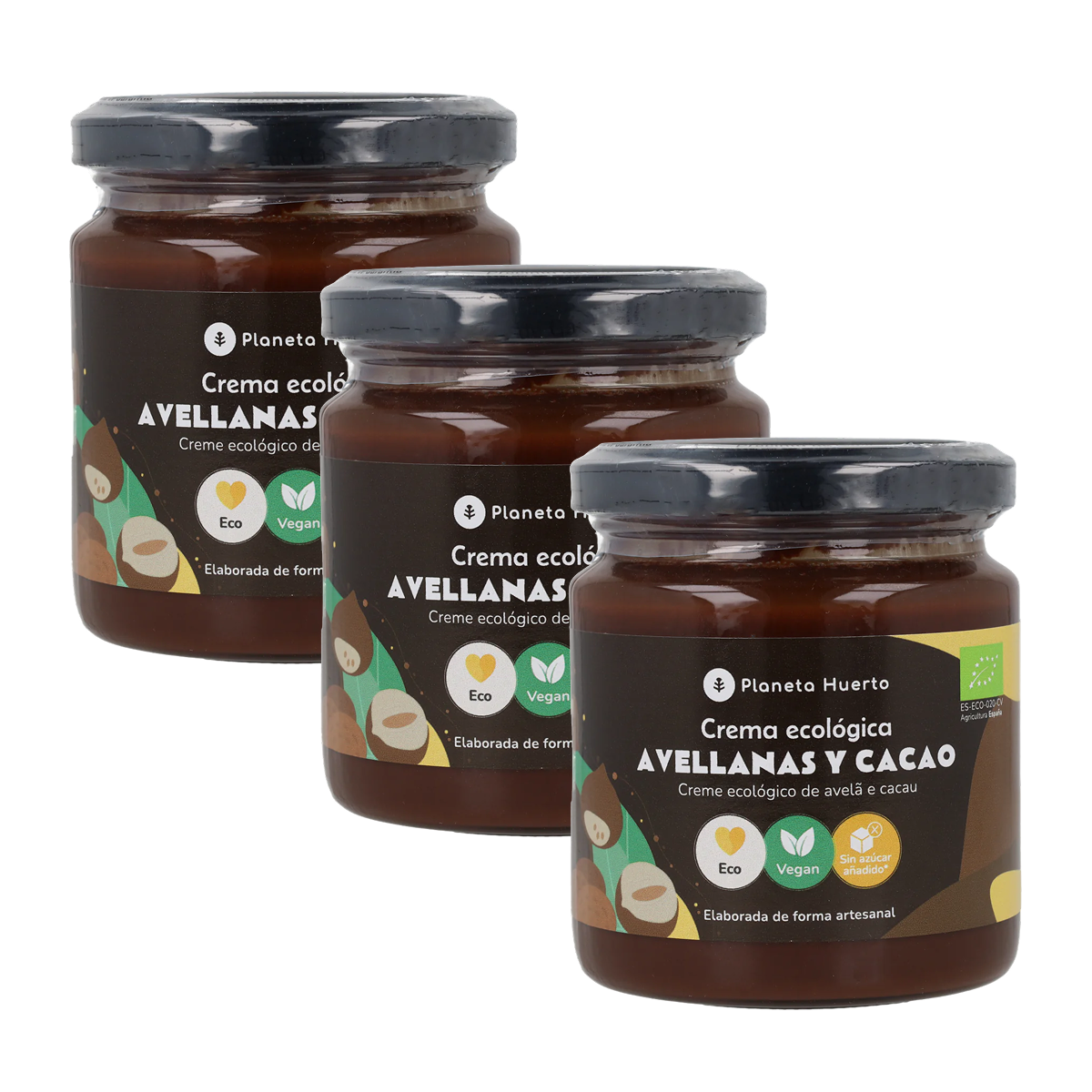 Confezione da 3 creme alle nocciole e cacao senza zuccheri aggiunti ECO Planeta Huerto 230 g