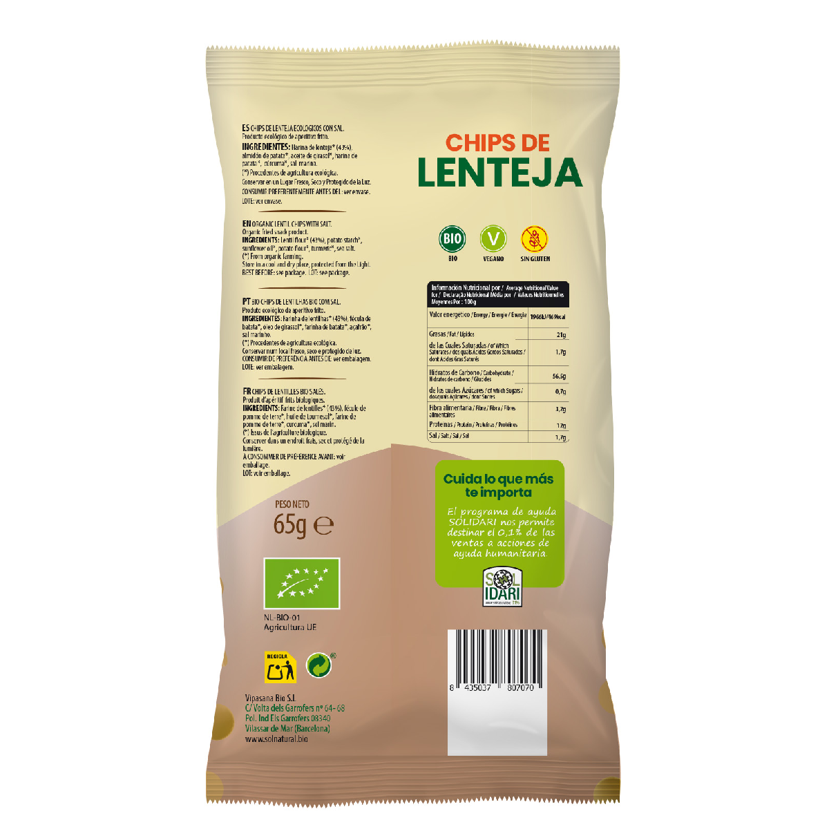 Chips di lenticchie biologiche Sol Natural 65 g