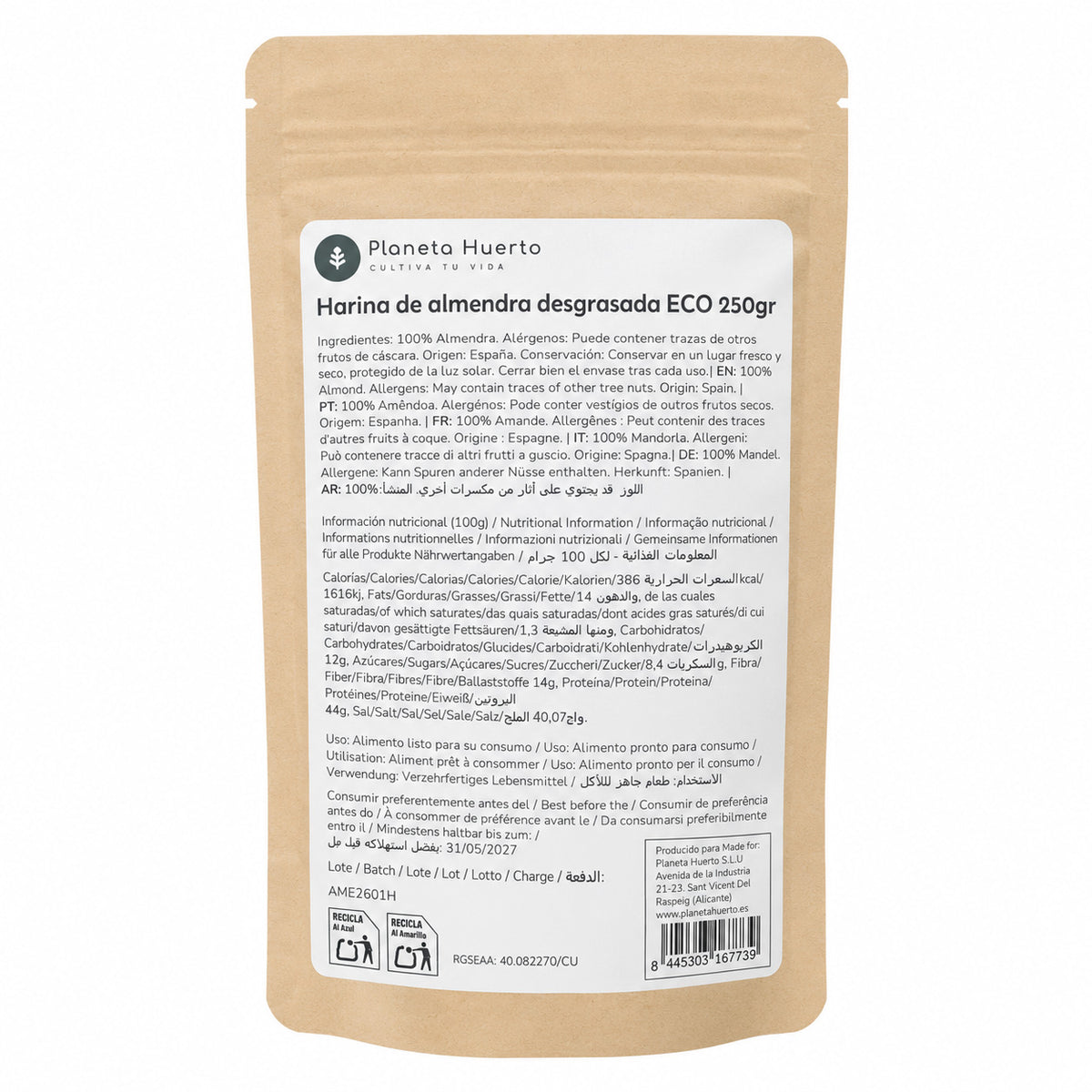Farina di mandorle sgrassata (proteina di mandorle) ECO Planeta Huerto 250 g