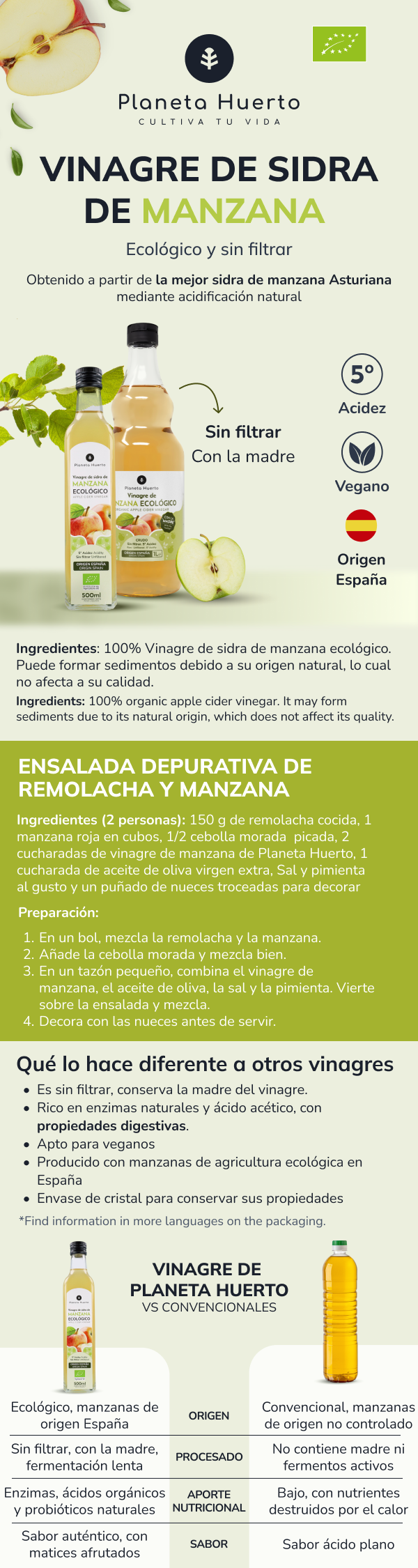 Aceto di mele ECO crudo non filtrato con la madre Planeta Huerto 1L