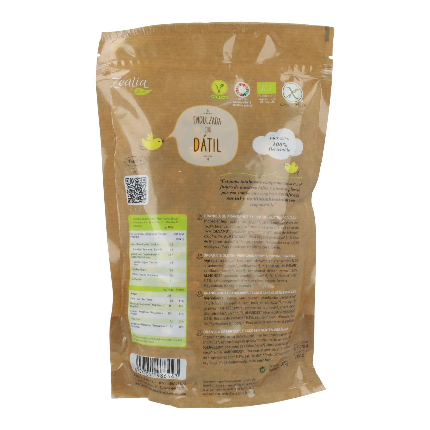 Granola arándanos y coco BIO Sin Gluten Zealia 300 gr