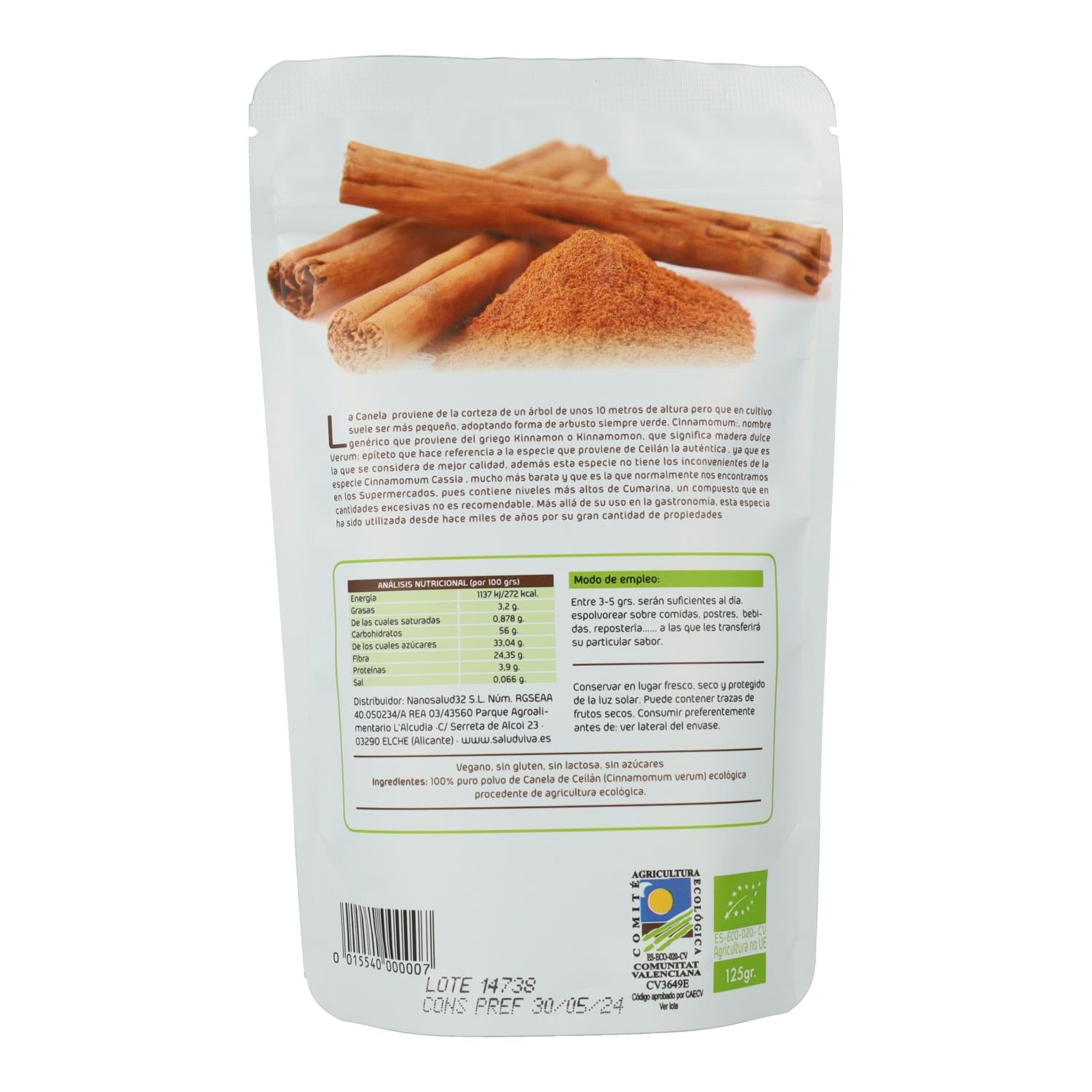 Canela de Ceylan en polvo 125 g, Salud Viva