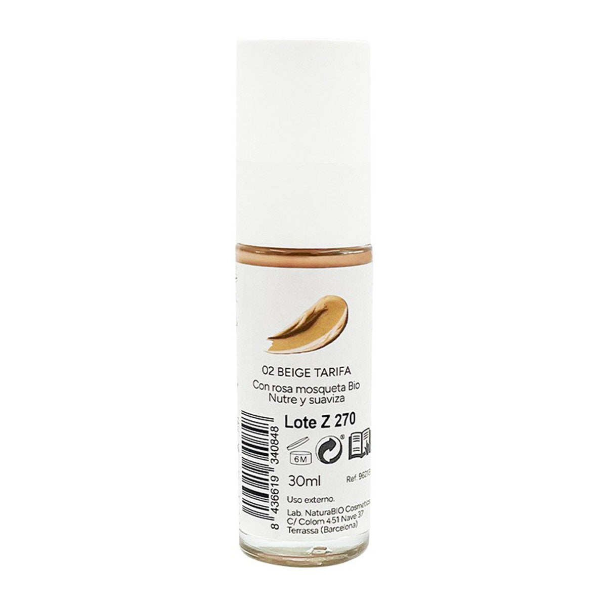Maquillaje Fluido 02 Beige Tarifa, Acabado Impecable, Con Rosa Mosqueta y Manteca de Karité,  NaturaBio Cosmetics, 30ml