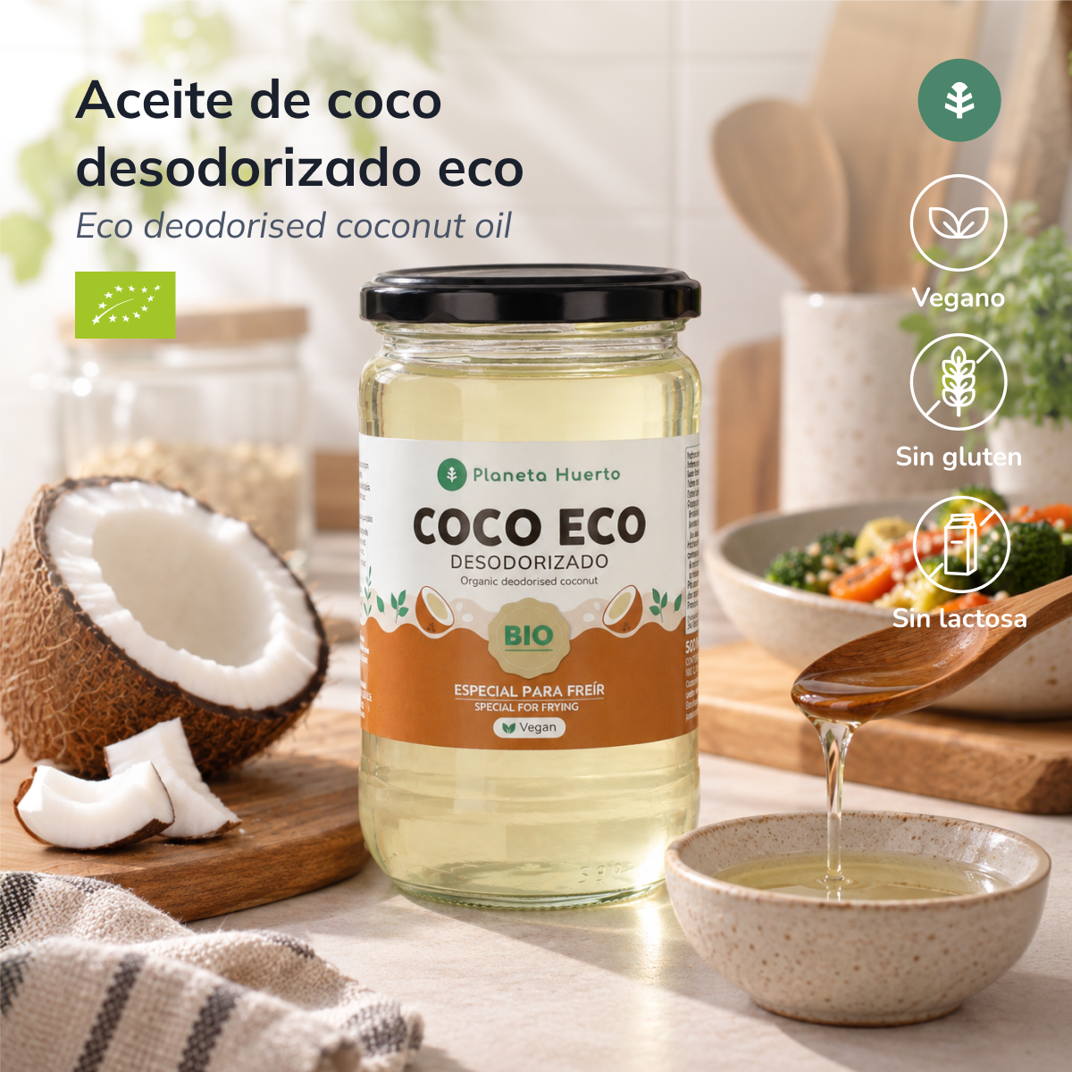 Confezione 3xOlio di cocco biologico deodorato ECO Planeta Huerto 500 ml