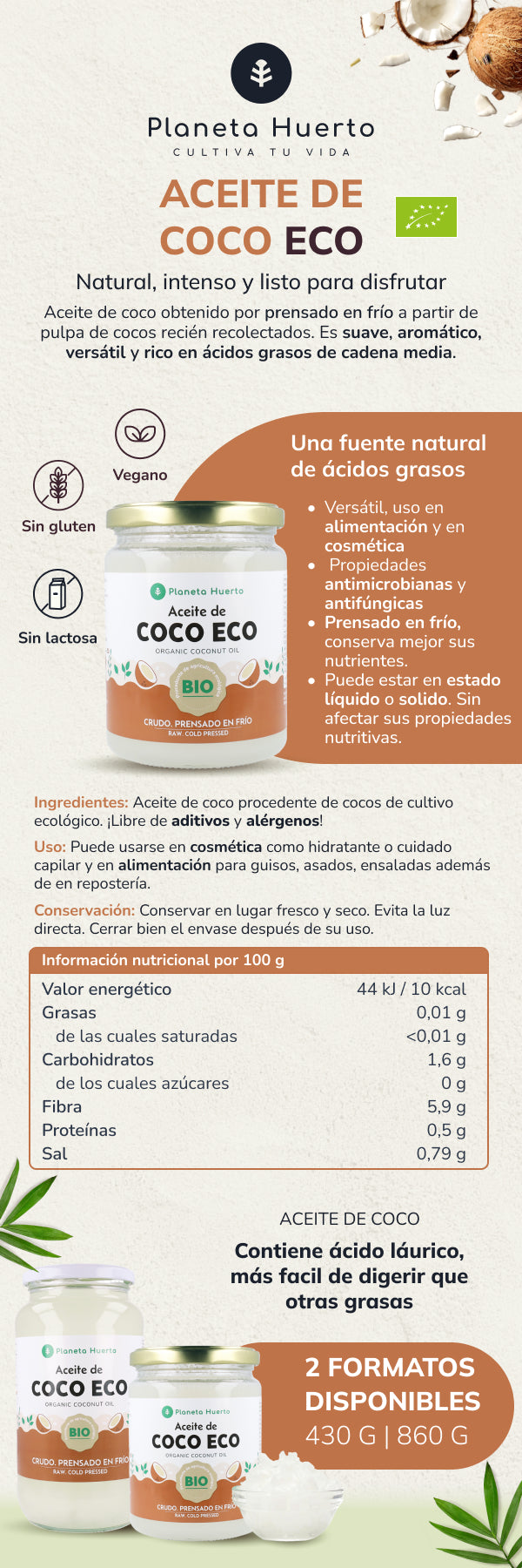 Confezione da 5 oli di cocco ECO Planeta Huerto 430 ml