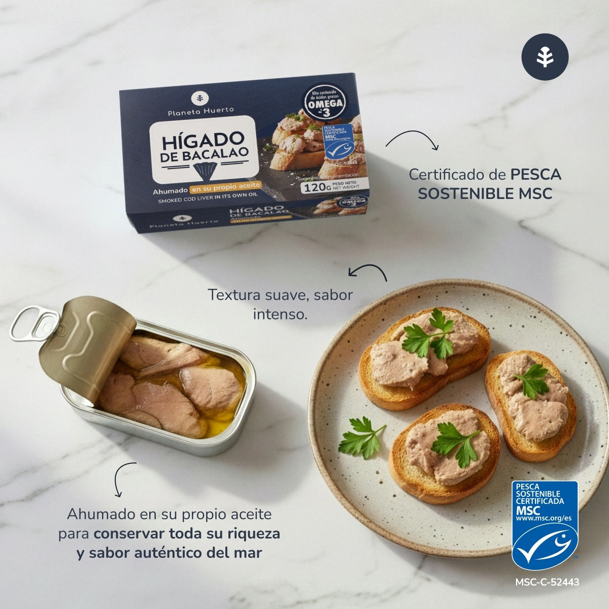 Pack 12x Hígado de bacalao en su propio aceite MSC pesca sostenible Planeta Huerto 120 g