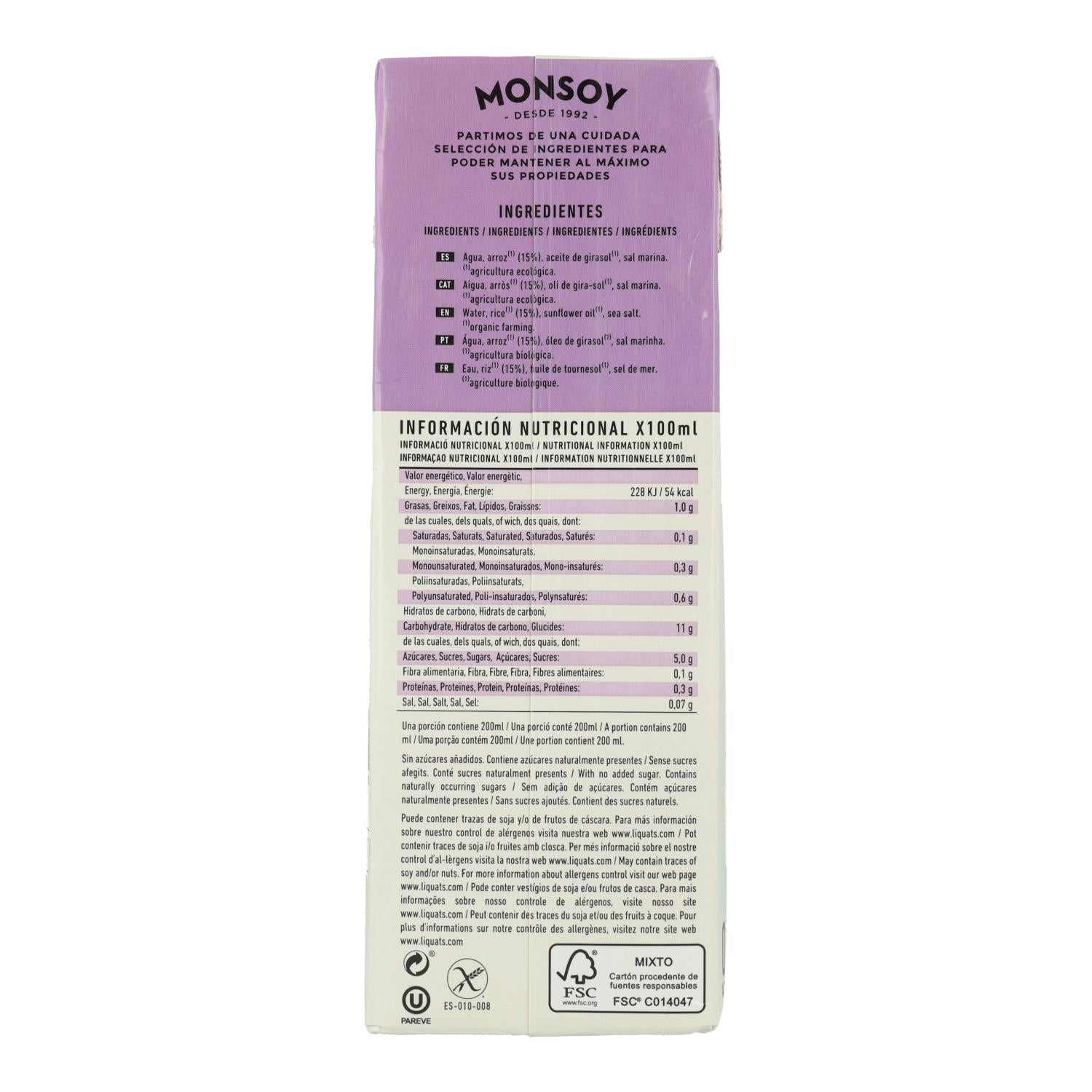 Pack 6 uds Bebida Arroz bio Monsoy 1L
