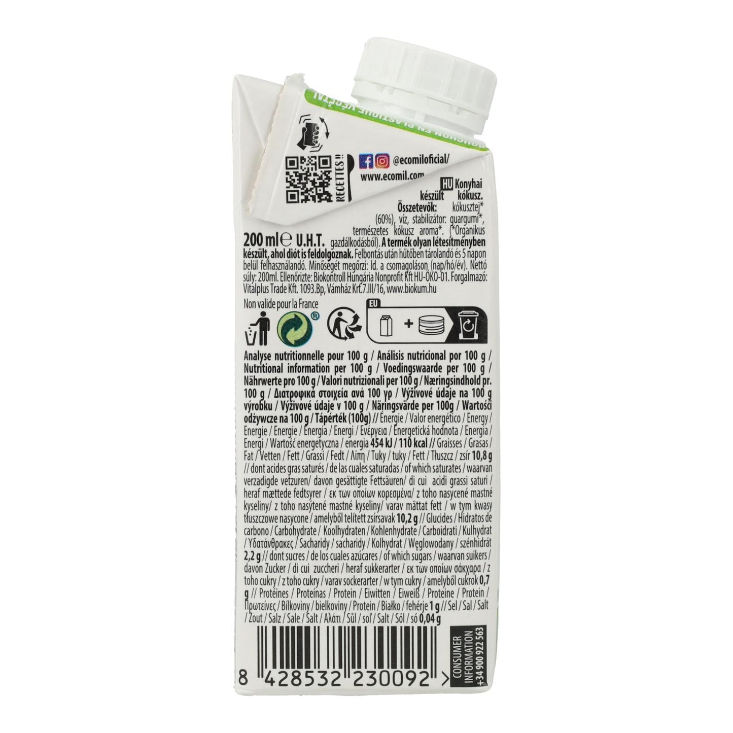Preparado culinario Leche de Coco Cuisine Ecomil 200 ml
