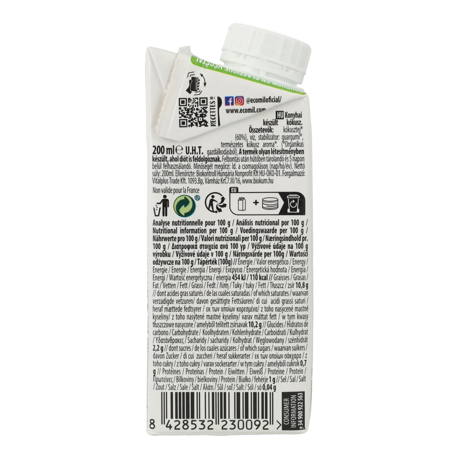 Preparado culinario Leche de Coco Cuisine Ecomil 200 ml