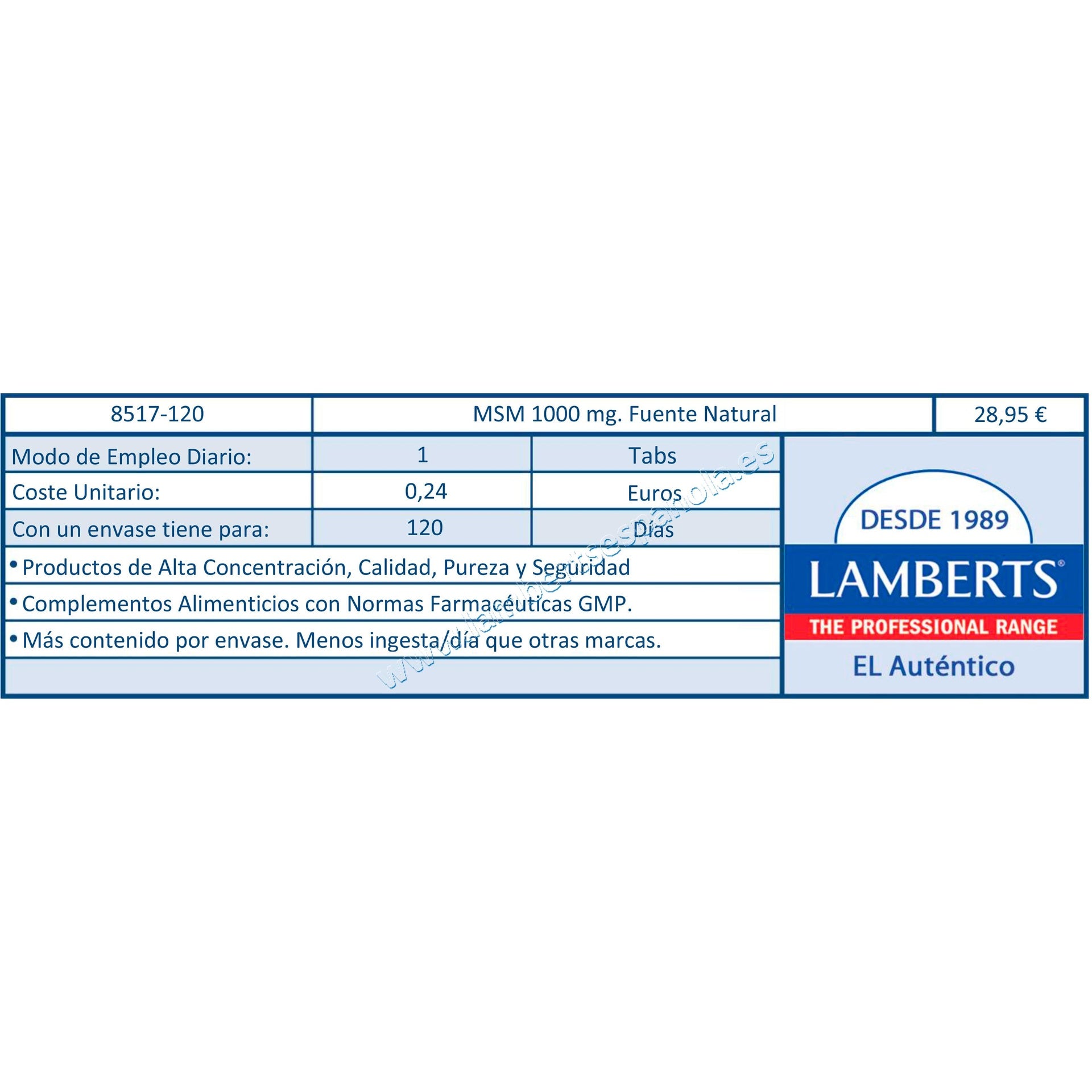 MSM 1000 mg de Fuente Natural Lamberts 120 tabletas