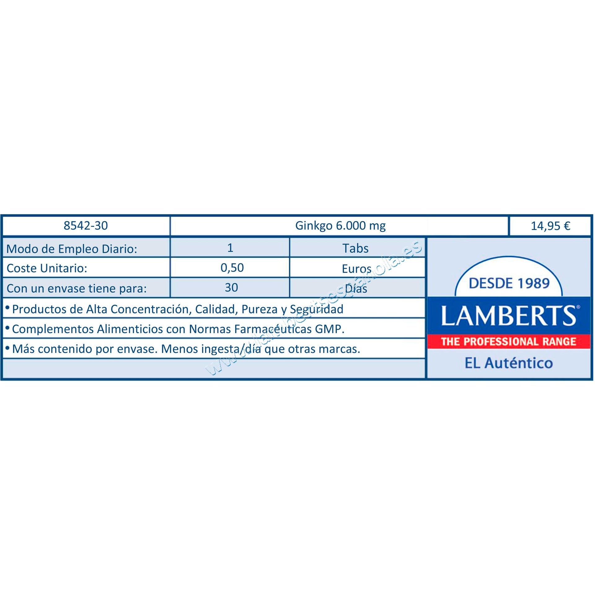 Ginkgo Biloba 6.000 mg, Lamberts 60 tabletas