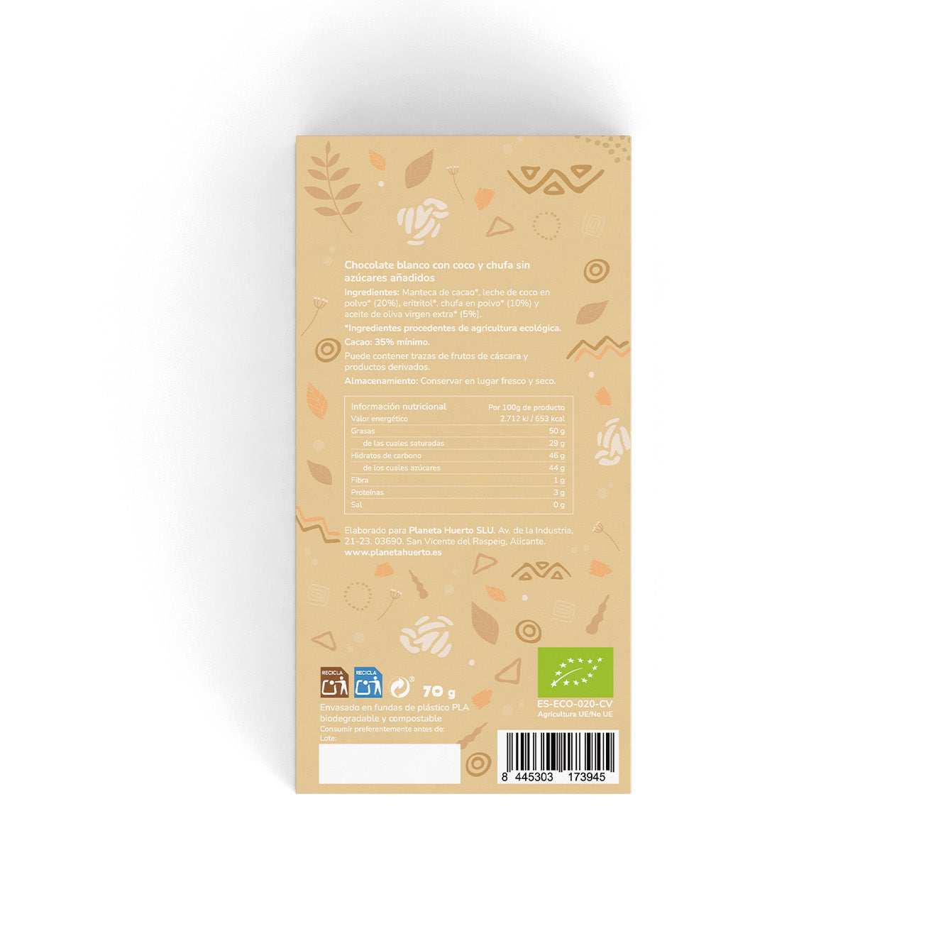 Tableta chocolate blanco vegano 35% sin azúcares añadidos Planeta Huerto 70 g