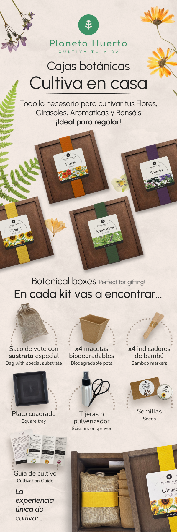 Kit de Cultivo de Aromáticas en Caja de Madera – Regalo Original Planeta Huerto