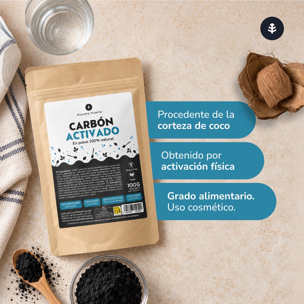 Carbone attivo vegetale in polvere Planeta Huerto 100 g