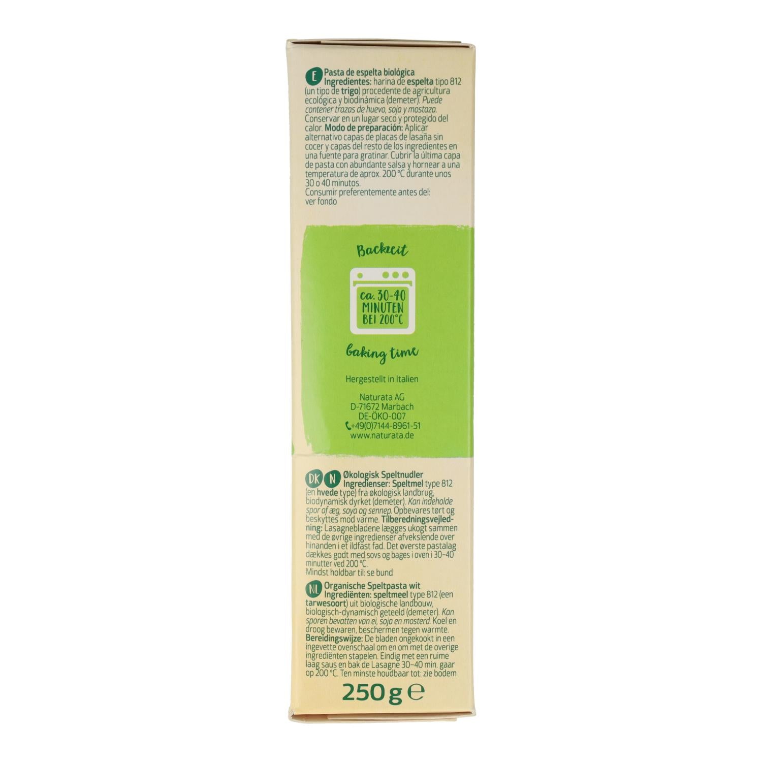 Láminas para Lasaña de Espelta Demeter Naturata 250 g