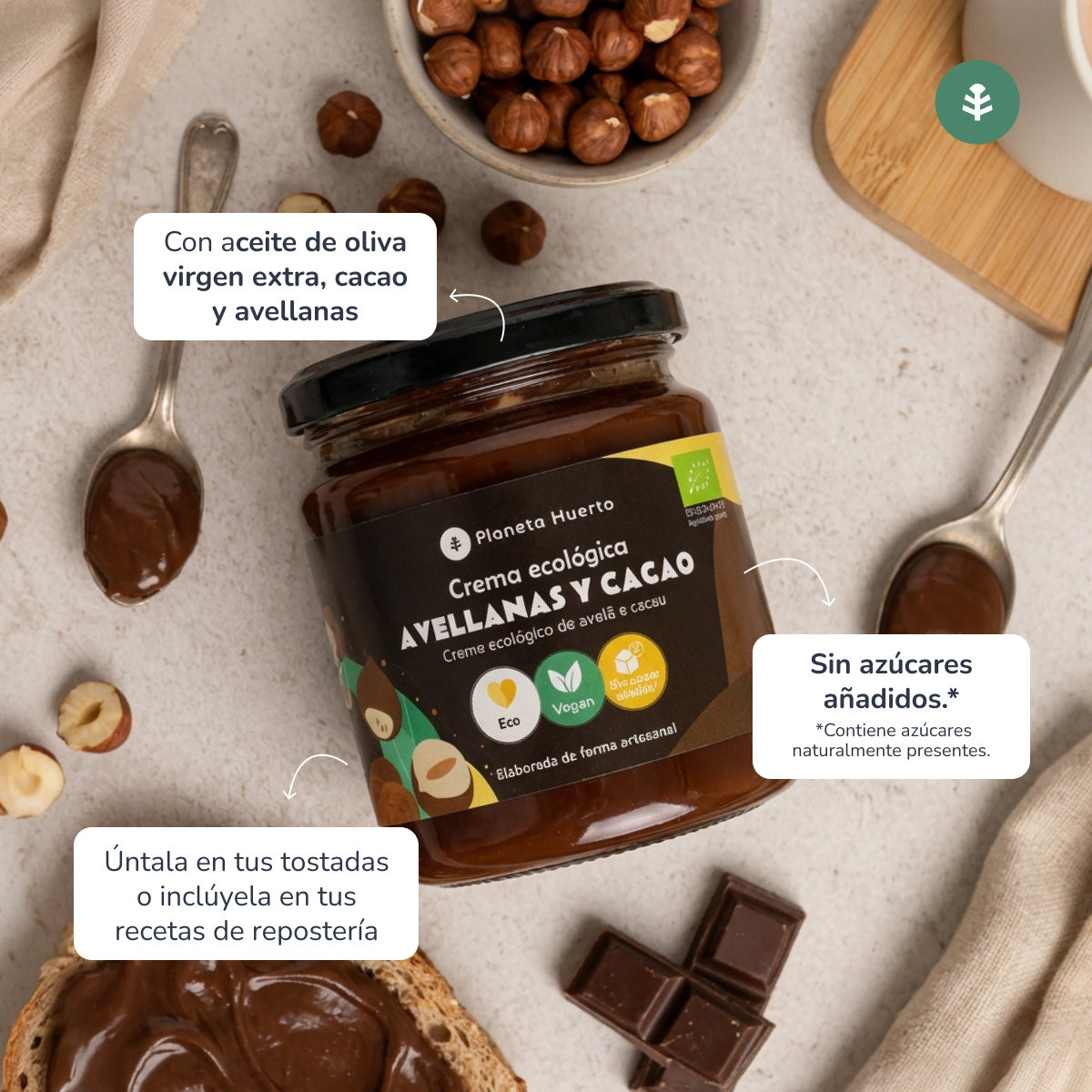 Crema di nocciole e cacao senza zuccheri aggiunti ECO Planeta Huerto 230 g