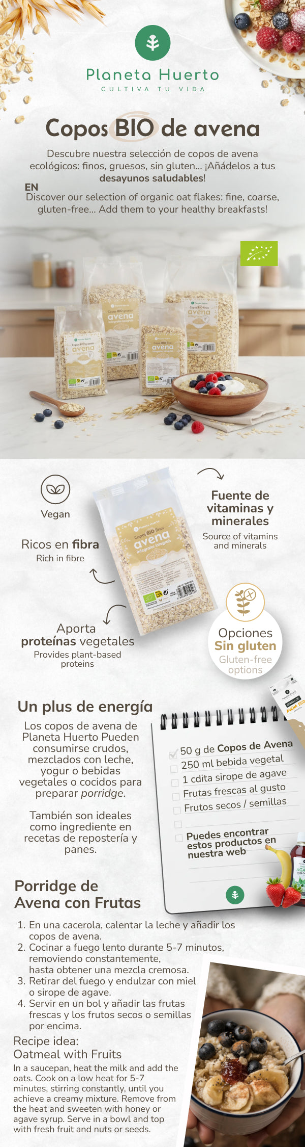 Confezione 2x ECO Planeta Huerto 500 g di fiocchi di avena integrale fine