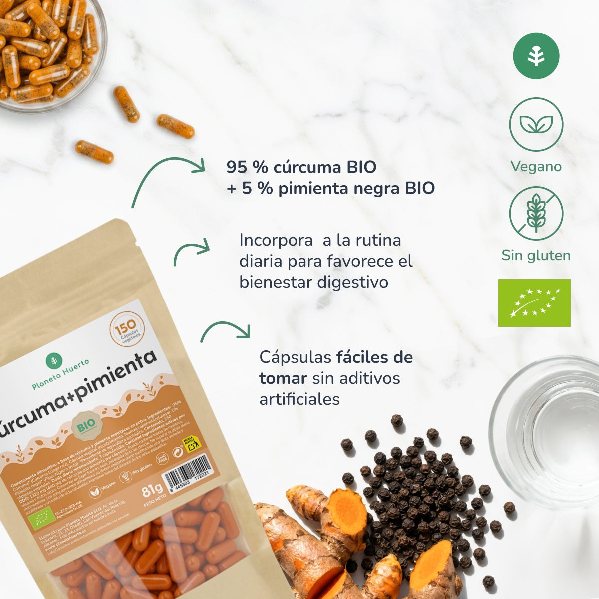 Curcuma biologica + Pepe biologico Planeta Huerto 150 capsule