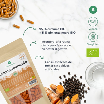 Curcuma biologica + Pepe biologico Planeta Huerto 150 capsule