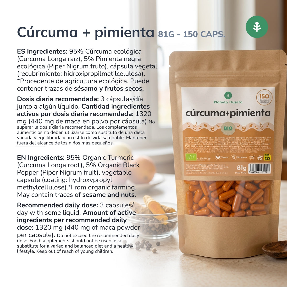 Curcuma biologica + Pepe biologico Planeta Huerto 150 capsule