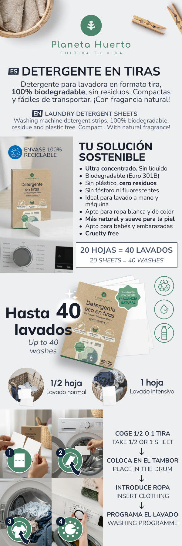 Eco-Tiras detersivo e ammorbidente Planeta Huerto 40 lavaggi