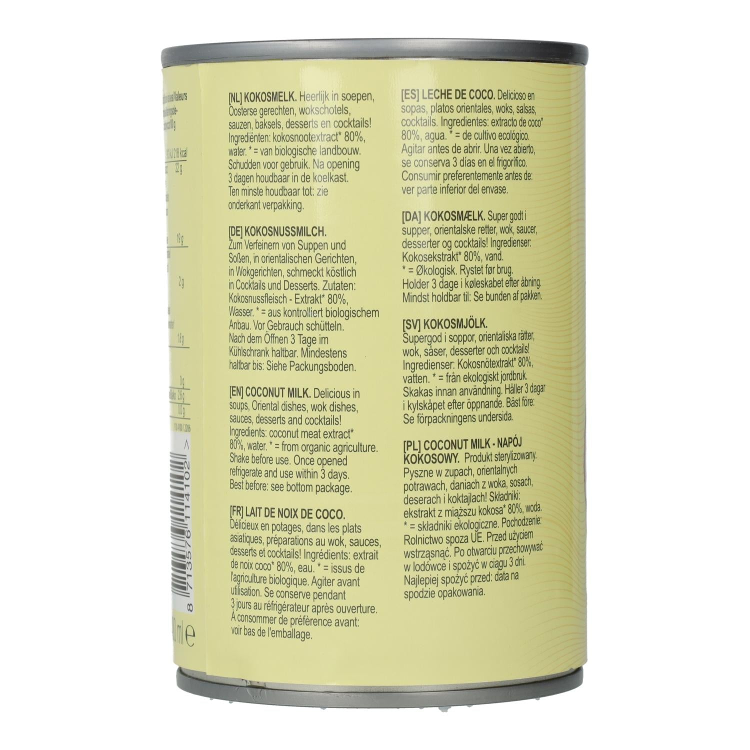 Leche de coco 80 % BIO Terrasana, 400 ml
