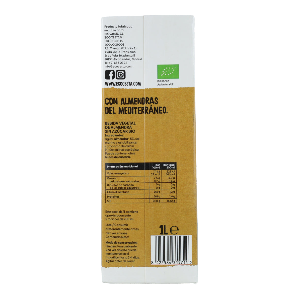 Bevanda vegetale di mandorle 0% zucchero biologico, 1L Ecocesta