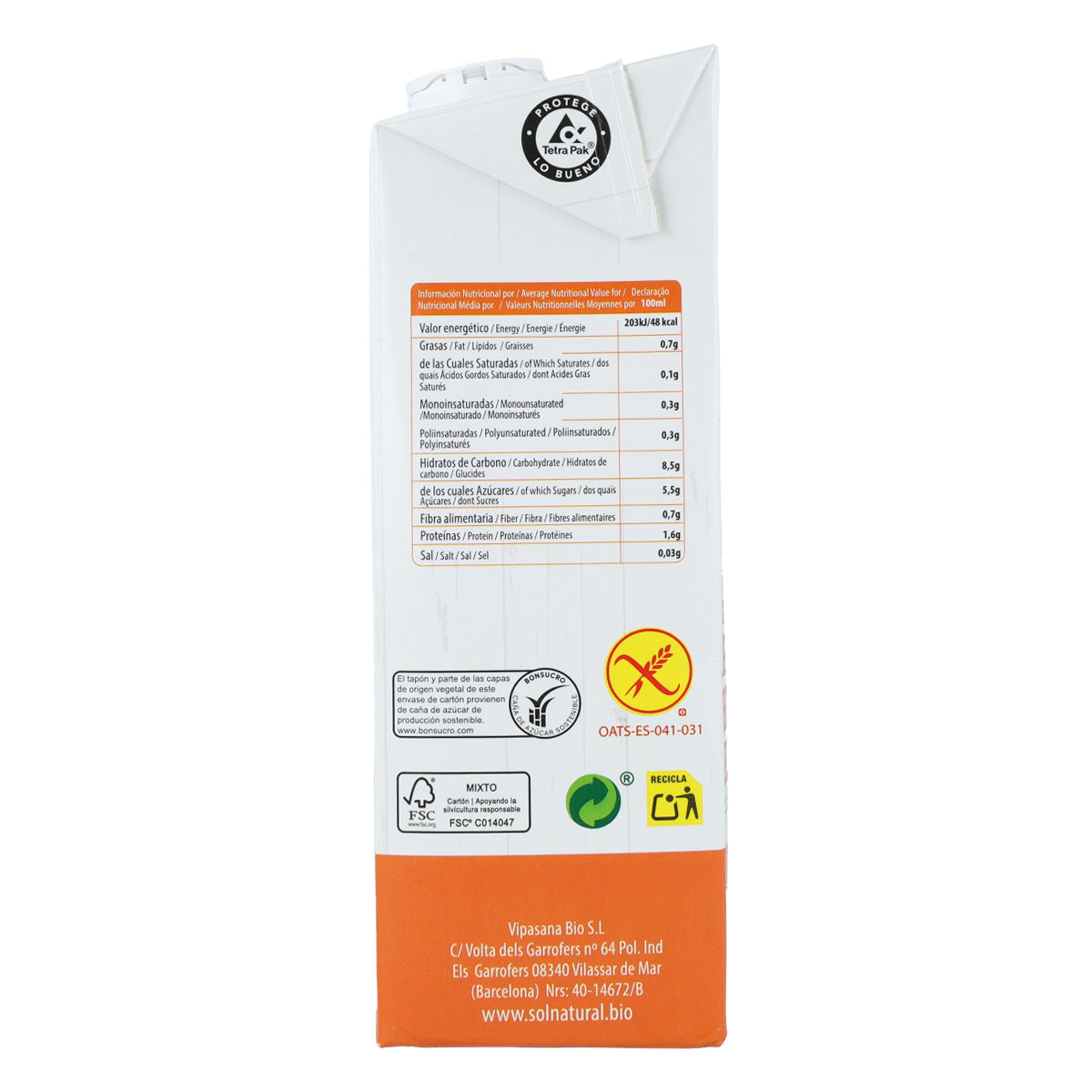 Pack 6x Bebida de Avena Sin Gluten Bio Sol Natural 1 L