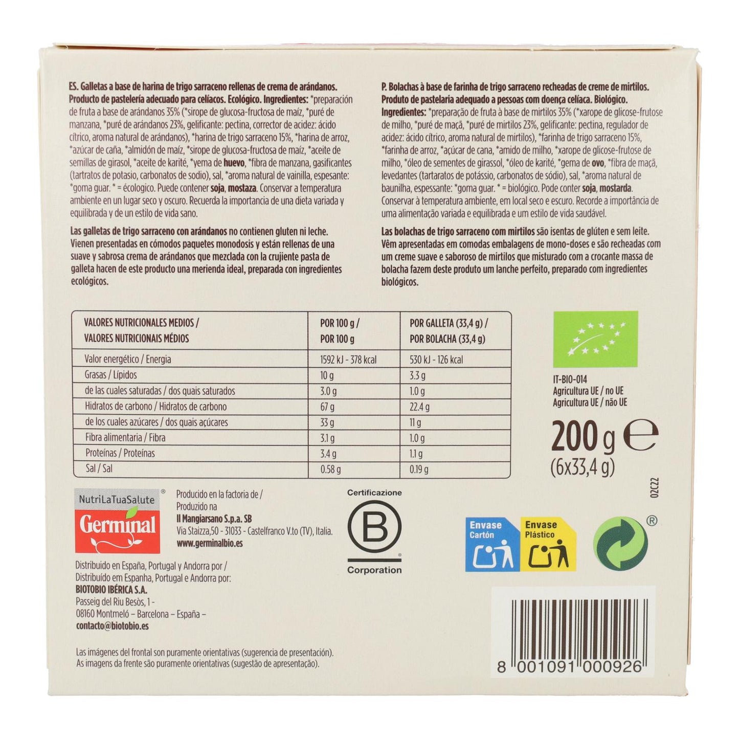 Galletas de arándano y trigo sarraceno sin gluten Germinal Bio 200 g