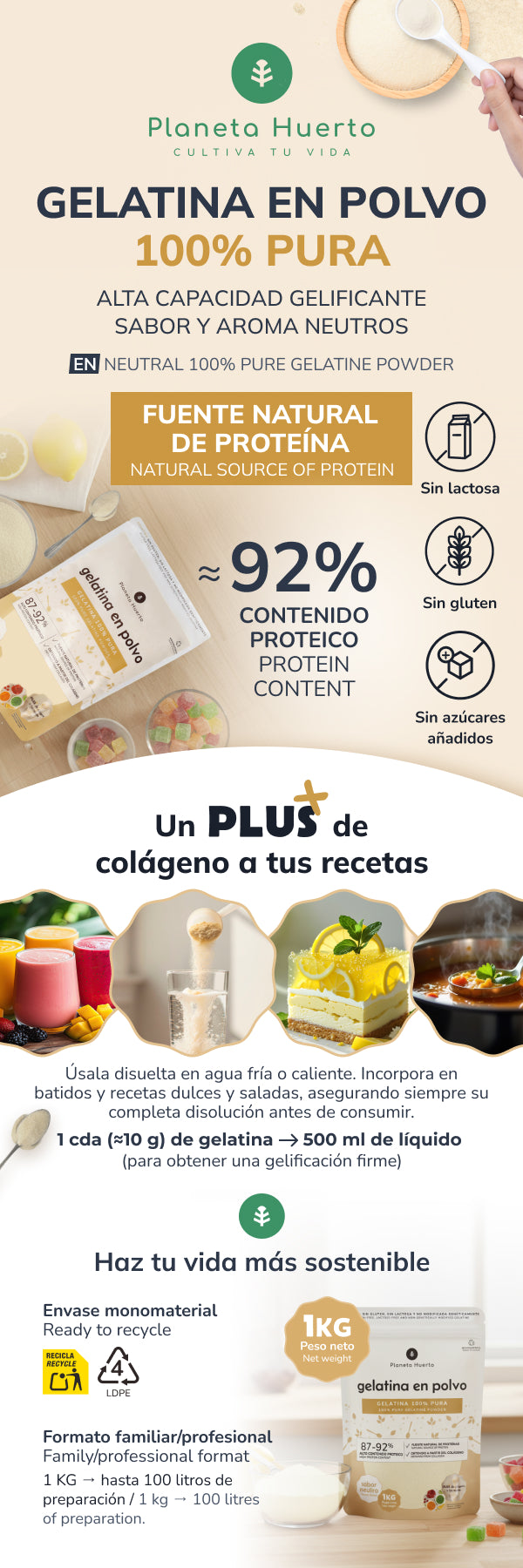 Gelatina neutra in polvere fonte di collagene Planeta Huerto 1 Kg