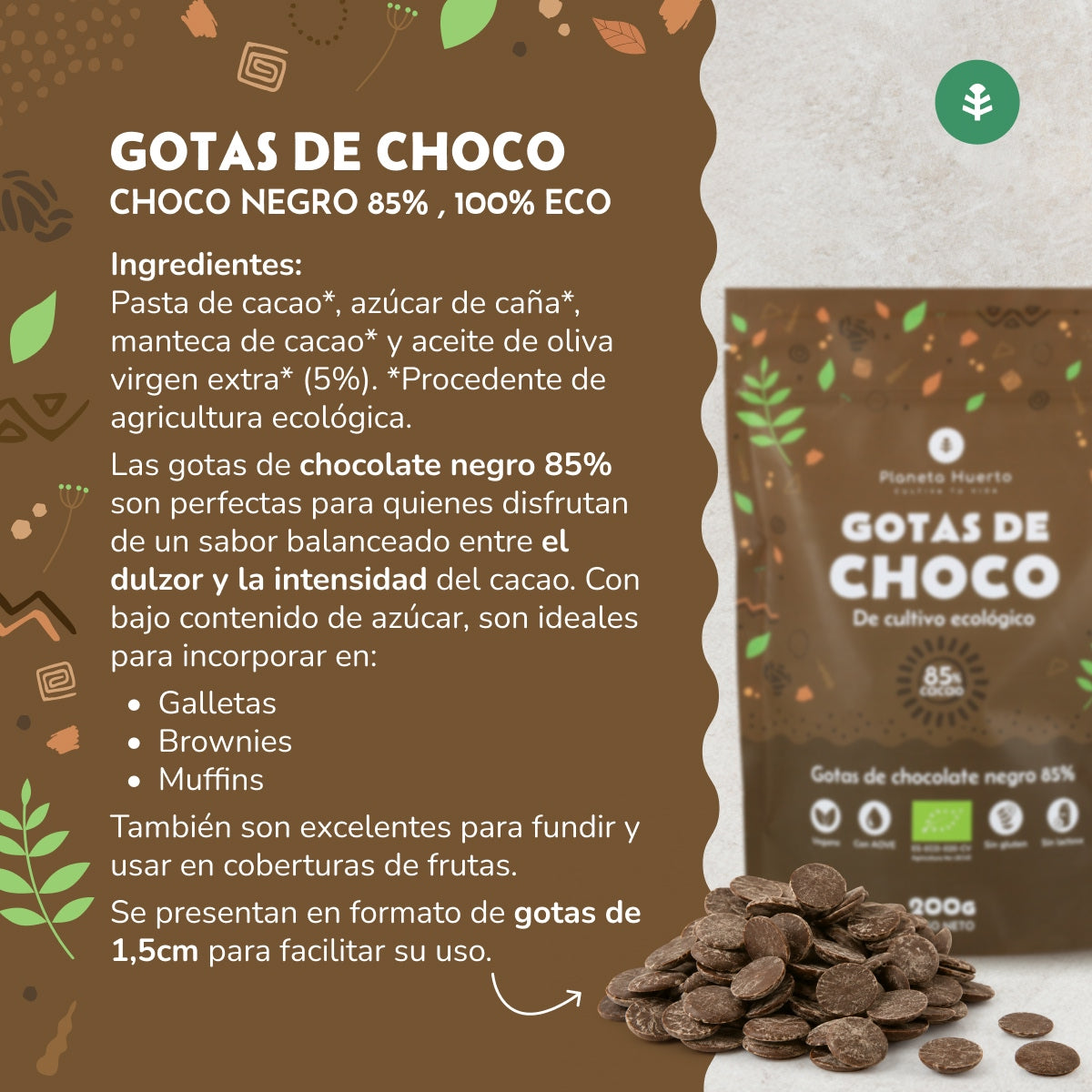 Gocce di cioccolato 85% cacao ECO Planeta Huerto 200 g