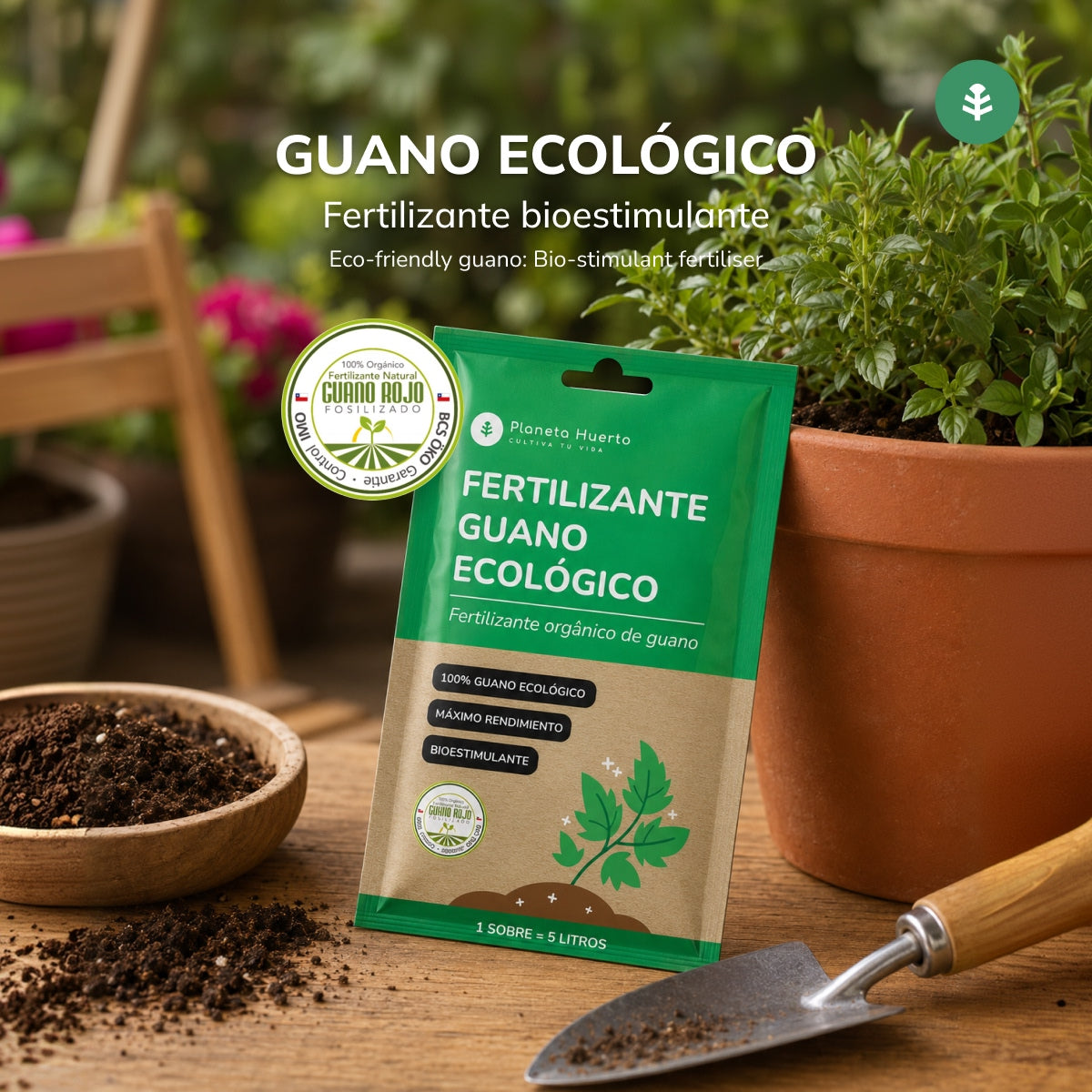 Confezione di fertilizzante guano ecologico solubile Planeta Huerto 5 pezzi per 25 L