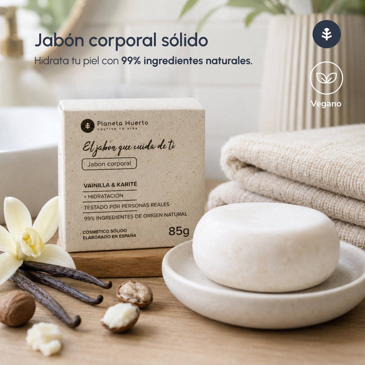 Sapone solido per il corpo alla vaniglia e burro di karité Planeta Huerto 85 gr