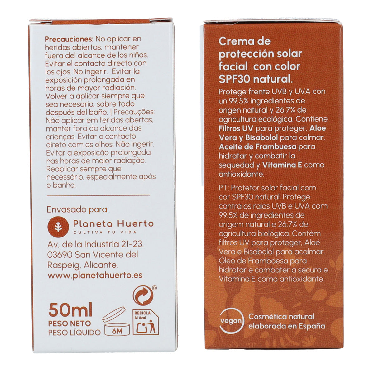 Crema solare protettiva per il viso con colore 100% minerale SPF30 Planeta Huerto 50 ml