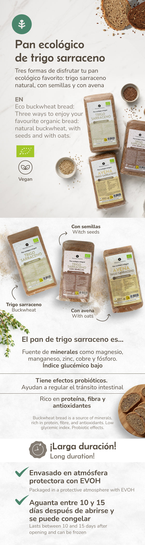 Pane integrale proteico di grano saraceno con semi ECO Planeta Huerto 500 g